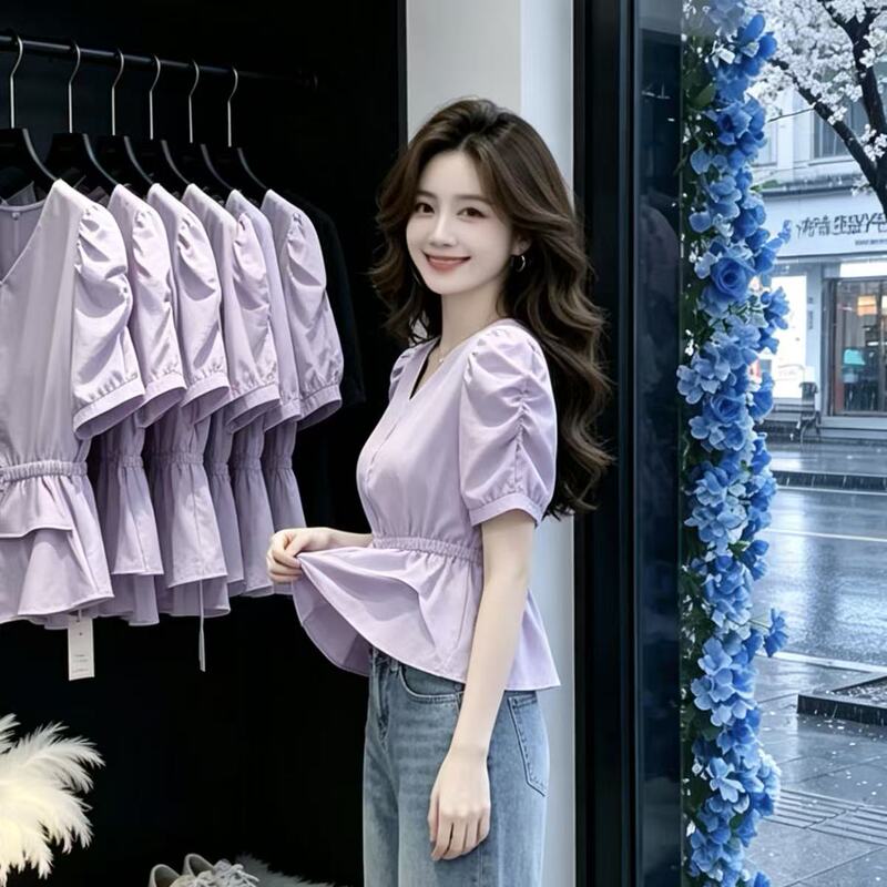 Ruffled Lace Lace-Up Fashionable Slim-Fit Shirt for Women, Super Stylish Top, New Summer French-Style Purple Shirt