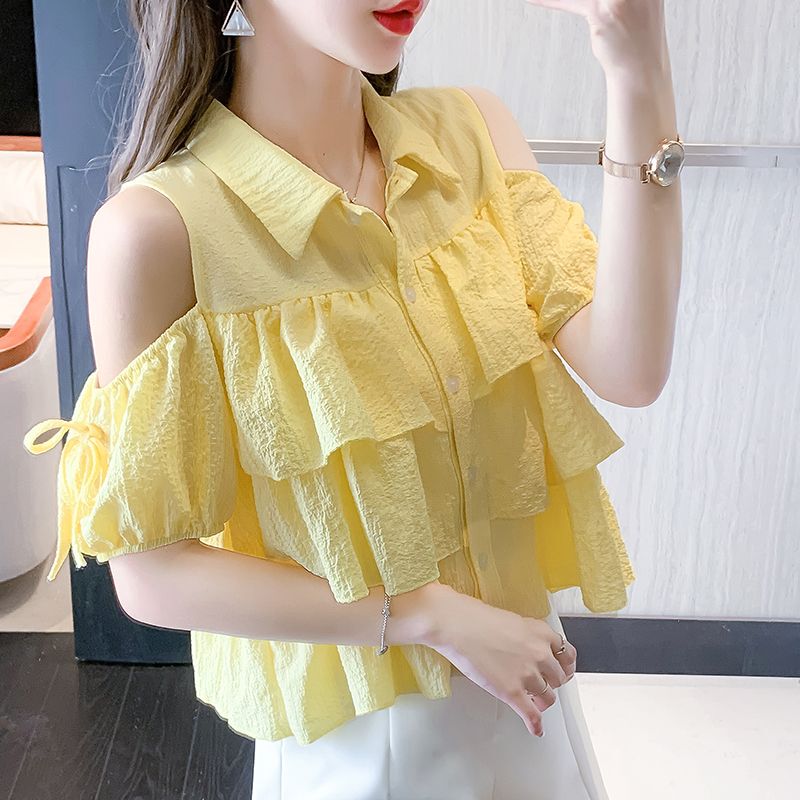 Off-Shoulder Fashion Ruffled Simple Patchwork Top 2026 Summer New Sweet Korean Style Unique Design Shirt