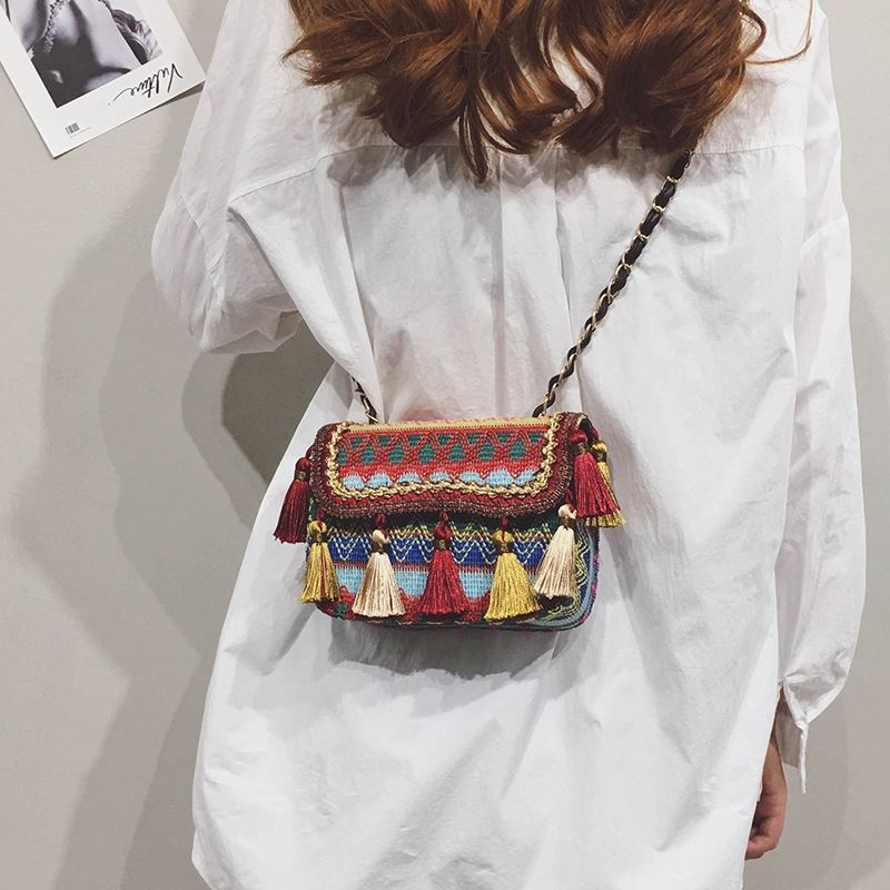 Vacation Ethnic Style Bag, Bohemian Retro Tassel Bag, Woven Women's Bag, Chain Small Square Bag, Travel Crossbody Bag Vacation Ethnic Style Bag, Bohemian Retro Tassel Bag, Woven Women's Bag, Chain Small Square Bag, Travel Crossbody Bag