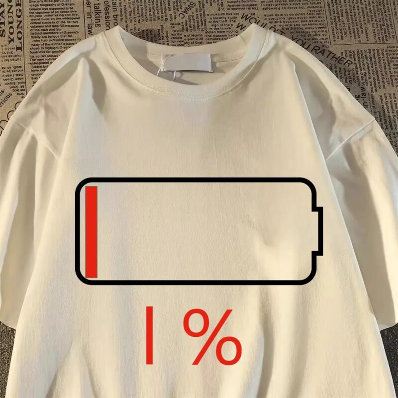 Low Battery 1% Print on It Boys and Girls Summer Pure Cotton Short-Sleeved T-Shirt Fun and Quirky Loose Half-Sleeve Shirt for Older Children