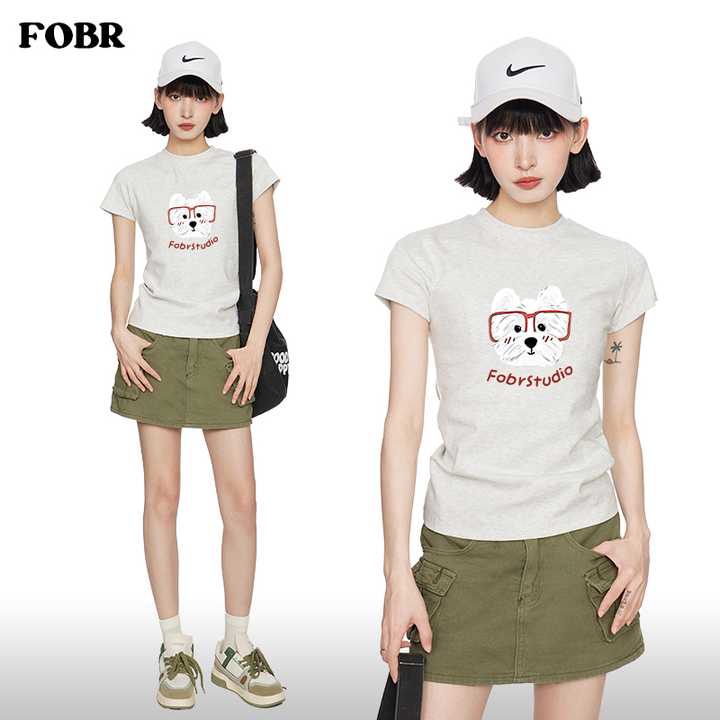 Gray Puppy Print Short-Sleeved T-Shirt for Women, Summer 2025 New Style, Slim Fit, Short, Trendy Top