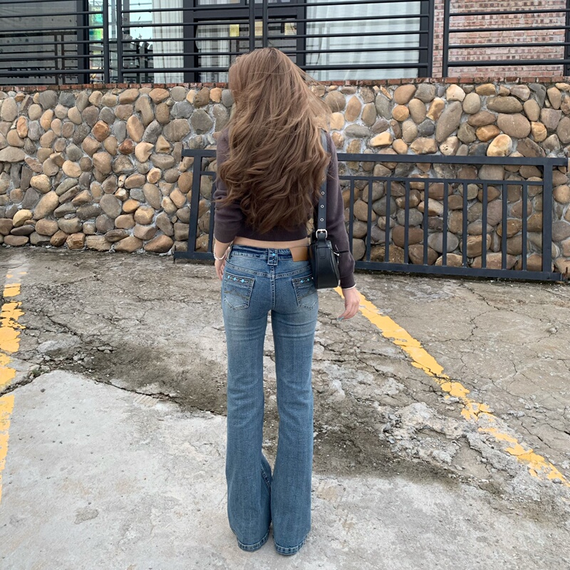 Paponix【Blue Turquoise】Rivet Low-Waist Flared Jeans for Women, New Autumn Style Slim Fit Hot Girl Flared Pants
