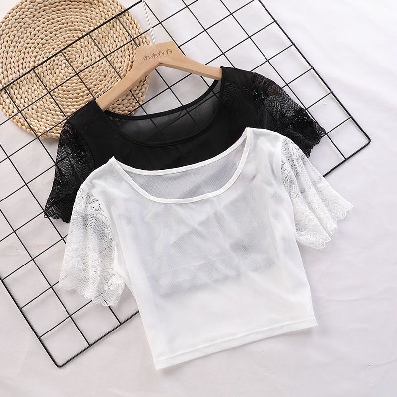 Summer Half-Sheer Anti-Exposure Undershirt for Women, Short-Sleeved T-Shirt, Thin Top with Stylish Lace Splicing Summer Half-Sheer Anti-Exposure Undershirt for Women, Short-Sleeved T-Shirt, Thin Top with Stylish Lace Splicing