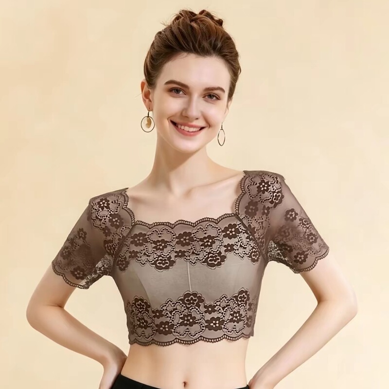 Lace Square-Neck Short-Sleeved T-Shirt for Women 2026 Summer New Style Cut-Out High-End Base Shirt with Lace Short Top Underneath