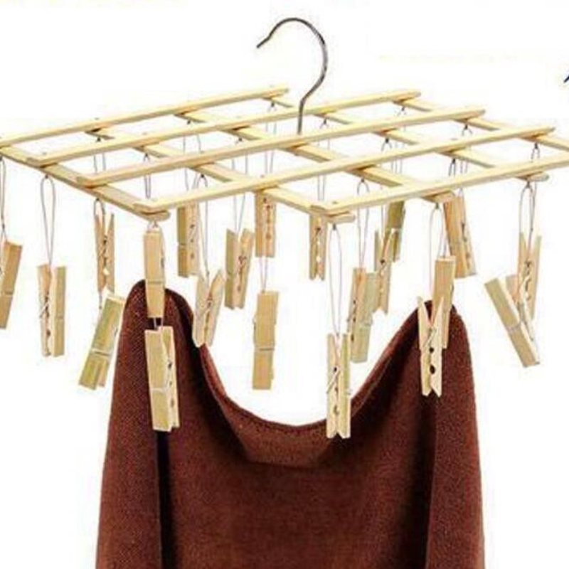 Bamboo Pants Hanger with Multiple Clips, Clothes Hanger, Bamboo Clips for Drying Socks and Underwear, Multi-Clip Bamboo Wooden Clothes Drying Rack