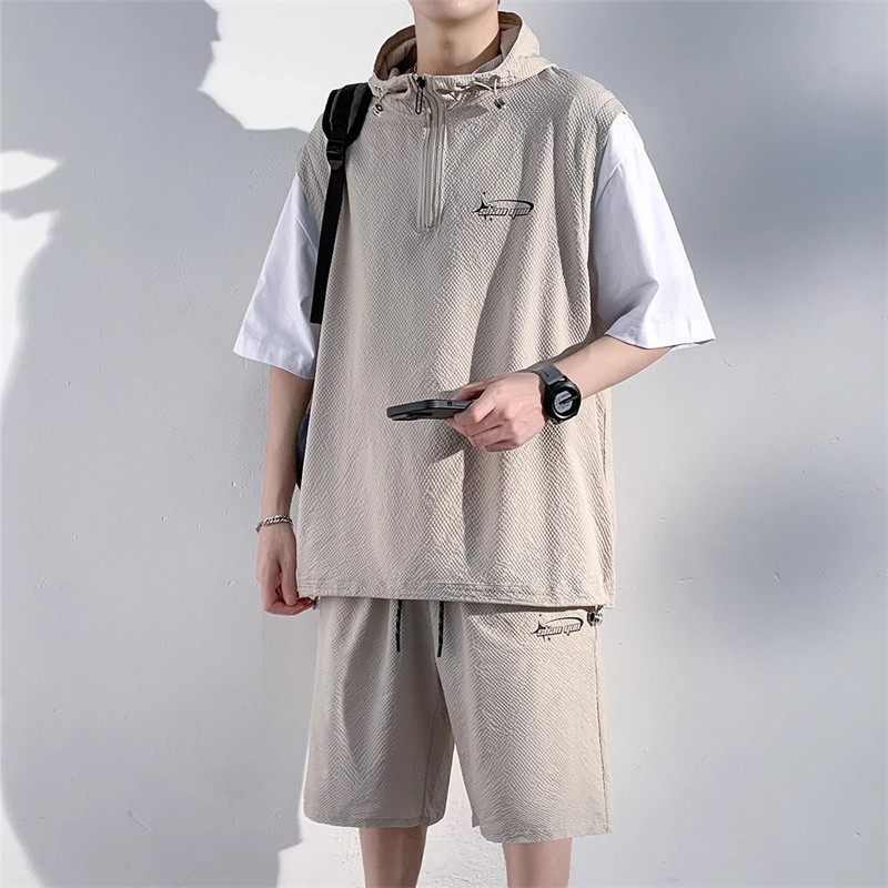 Thin Bubble Grid Short-Sleeved Suit for Men, Hooded Fake Two-Piece Trendy Casual Loose Large Size Two-Piece Set for Summer