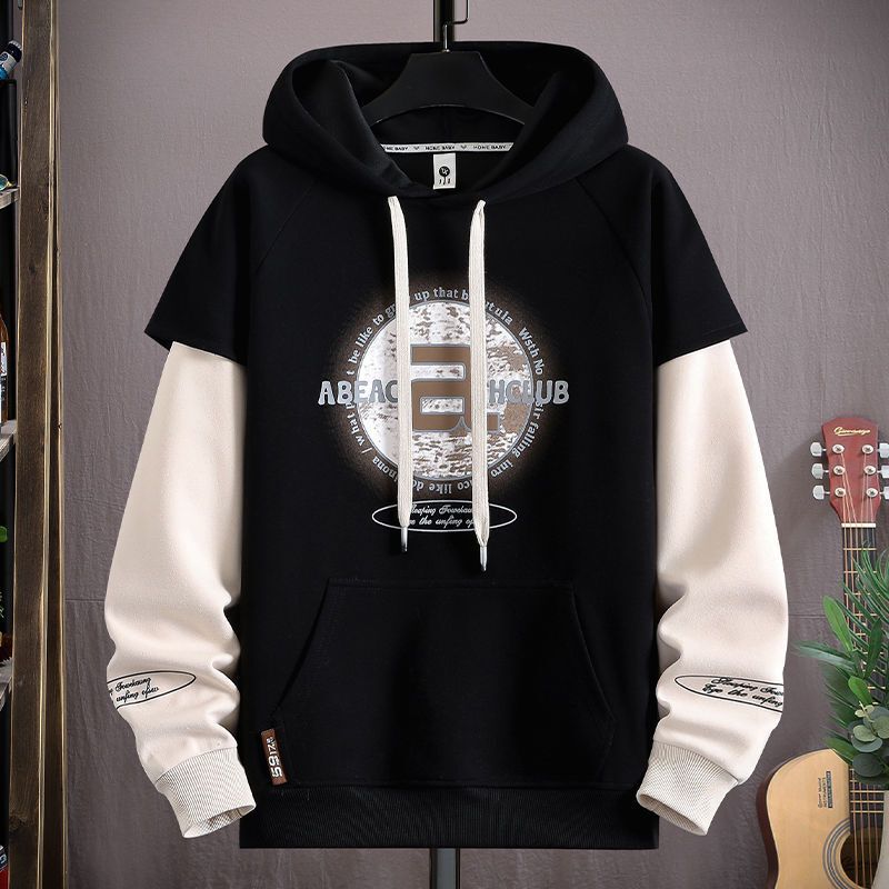 Fake Two-Piece Trendy Hooded Sweatshirt for Men, Spring and Autumn Casual Loose Fit, Large Size, Versatile Patchwork Stylish Sports Hoodie Top