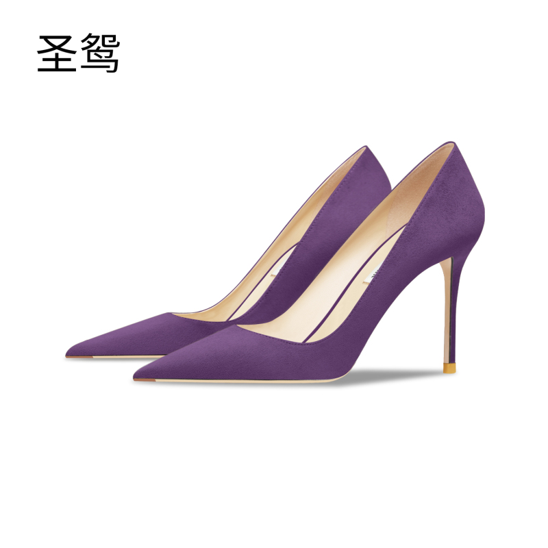 Shengyuan Genuine Leather Purple Suede High Heels for Women 2024 New Style Stiletto Pointed Toe Shallow Mouth Fashionable Versatile Single Heel Shoes