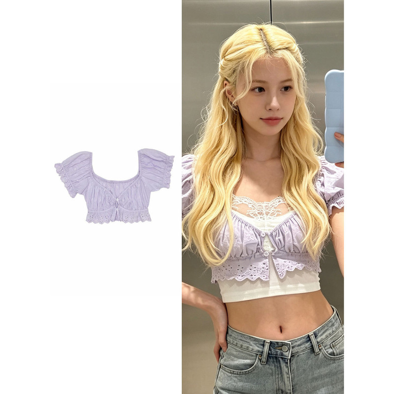 Kim Min-Jeong's Same Style Stage Outfit: Purple Hollow-Out Lace Puff Sleeve Short Top with White Square-Neck Lace Inner Layer Kim Min-Jeong's Same Style Stage Outfit: Purple Hollow-Out Lace Puff Sleeve Short Top with White Square-Neck Lace Inner Layer