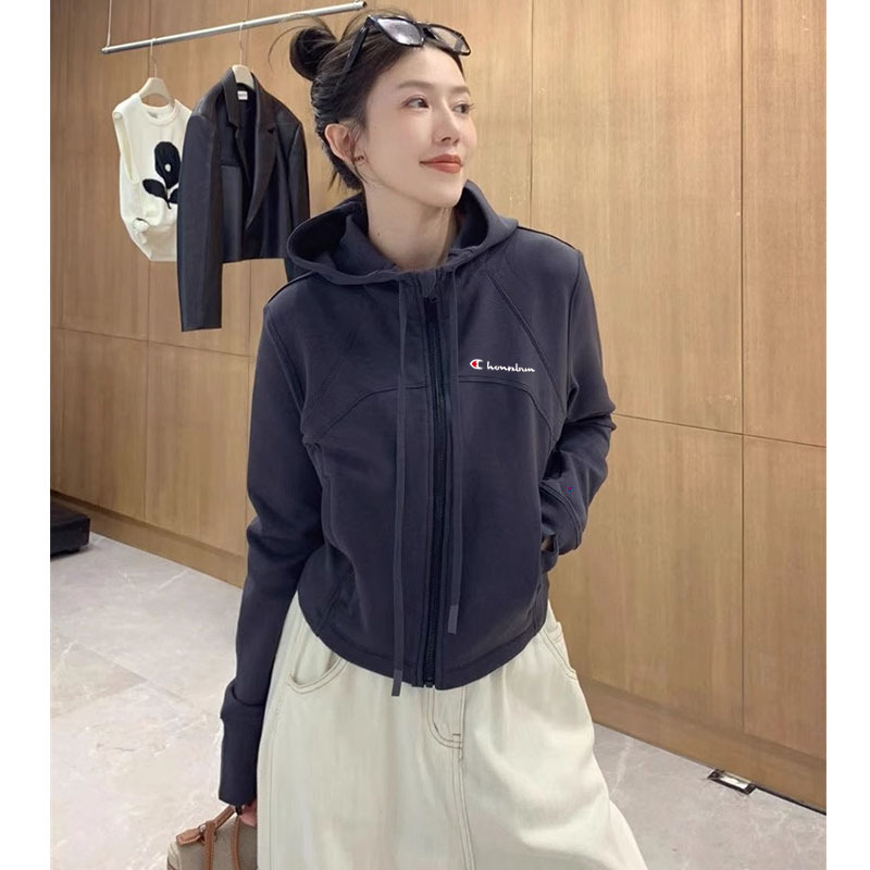 Selling Cute Champion Hooded Pure Color Long-Sleeved Sweatshirt Spring and Autum Age-Reducing Slimming Look Zipper Cardigan Elegant Versatile Top Trendy
