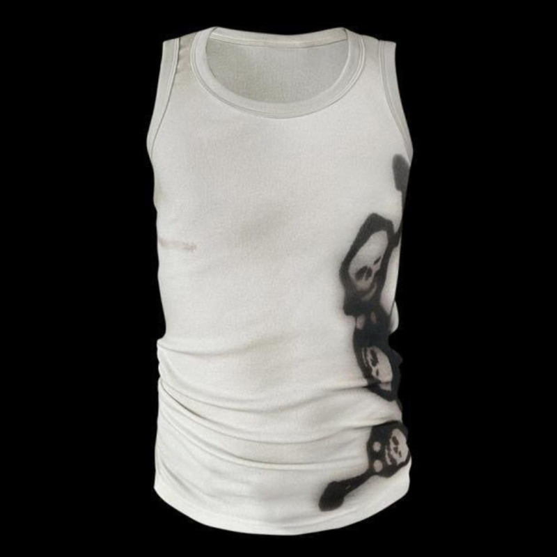 2025 Summer New Handmade Spray-Painted White Ink Printed Skull Tencel Cotton White Distressed Slim Fit Tank Top for Men