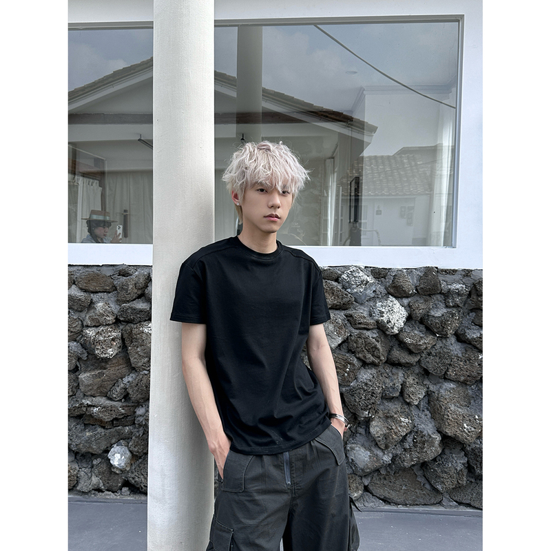 Faxims Store 300g Heavyweight Double-Shoulder Line Ultra-Straight Shoulder Short-Sleeve T-Shirt for Men, Summer Slim Fit Versatile