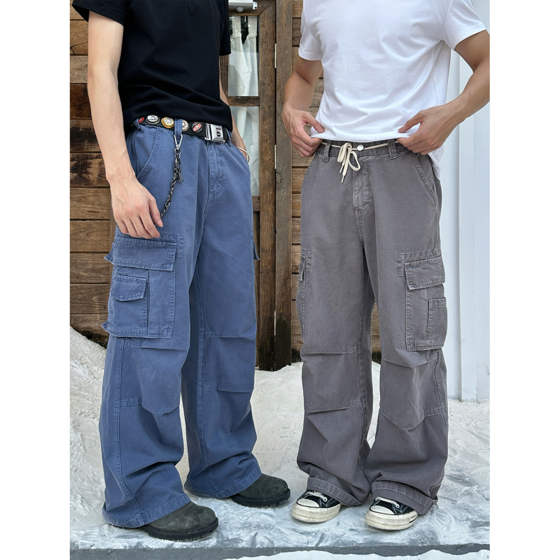 Faxims Store Vintage French Workwear Blue Distressed Cleanfit American Straight-Leg Unisex Cargo Work Pants
