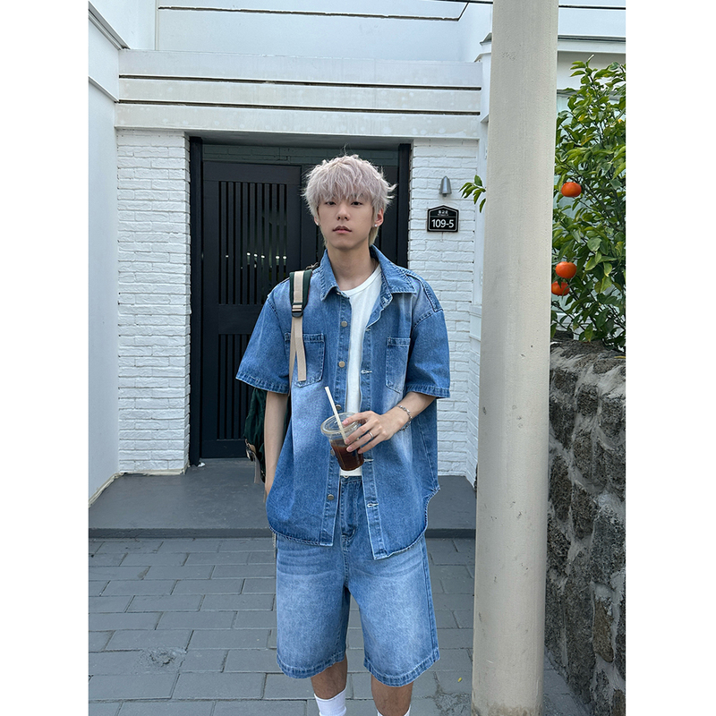 Faxims Store Blue Trendy Short-Sleeved Denim Jacket Straight Loose Casual Denim Shorts Set Faxims Store Blue Trendy Short-Sleeved Denim Jacket Straight Loose Casual Denim Shorts Set