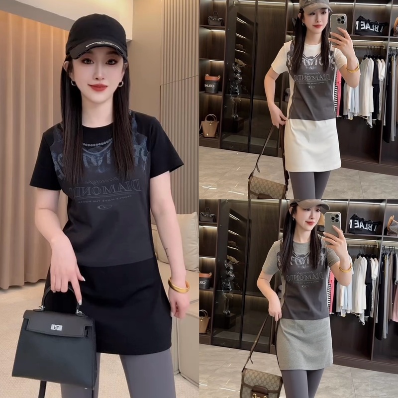 European Style Round Neck Retro Waist-Cinching Mid-Length Short-Sleeve T-Shirt, Casual Printed Top That Covers the Hips European Style Round Neck Retro Waist-Cinching Mid-Length Short-Sleeve T-Shirt, Casual Printed Top That Covers the Hips