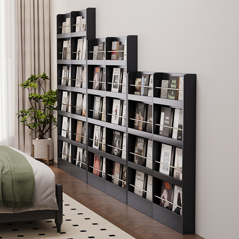 Retro Black Ultra-Thin Magazine Rack Multi-Layer Storage Display Rack Integrated Wall-Mounted Small Bookshelf Floor-Standing Storage Rack Narrow Cabinet