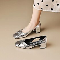 2024 new summer silver square toe hollow shallow mouth single shoes for women with medium heel thick heel and soft sole design niche shoes