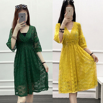 Fat mm summer slimming lace dress plus size womens mid-length skirt trumpet sleeves V-neck A-line skirt two-piece suit trendy