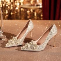 6681-23-102 Sequined pearl appliqué stiletto high heels wedding shoes banquet dress comfortable and high-end womens shoes