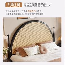 French retro rattan solid wood bed master bedroom 1 8m double bed black wabi-sabi style log bed mid-century style bed and breakfast