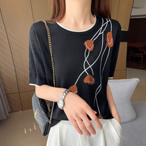 2024 Spring and Summer New Round Neck Tencel Sweater Womens Short Sleeve Hollow Printed Western Style Loose Inner Bottoming