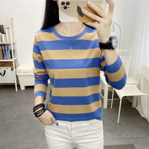 Watsons fat mm large size loose and slim pure cotton long-sleeved T-shirt womens middle-aged mother autumn striped bottoming shirt