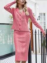 Womens autumn and winter new European and American V-neck sweater hip-covering skirt two-piece fashion casual knitted suit