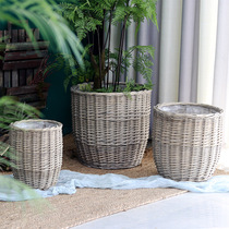 Rattan wicker straw floor-standing large flower pots woven flower baskets pastoral retro garden decorative ornaments green plant large set of pots