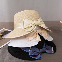 Bow-knotted pearl basin hat notched straw hat with edging fashion womens summer sun hat sun protection hat travel