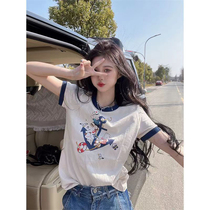 Fat MM extra large size 300 pounds European goods contrasting color short-sleeved T-shirt for women summer loose right shoulder slim printed foreign style top