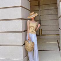 Flat top beach hat for women 2024 new summer seaside sunshade big brim braided straw hat retro French hat