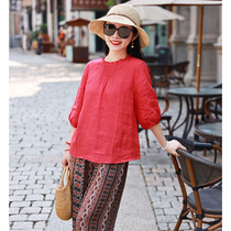 Danyue Shimumi original summer new style linen artistic temperament versatile three-quarter sleeve top