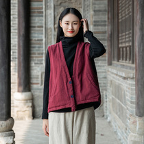 23 winter new cotton and linen womens clothing retro literary splicing ramie buckle thickened warm womens cotton clothing cotton and linen vest