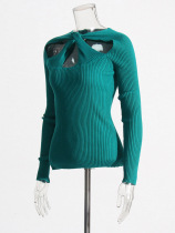 European and American light mature style knitted bottoming shirt 2024 new design hollow sexy slim slim sweater womens clothing trend