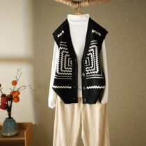 New retro style wavy pattern double-sided jacquard knitted vest V-neck single-breasted loose sleeveless cardigan