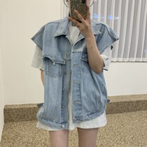 2024 Spring Korean Style Outerwear Casual Lapel Loose Single-breasted Raw Edge Denim Cardigan Vest for Women