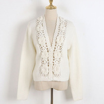 Handmade crocheted hollow sweater early autumn and winter French mohair three-dimensional flower deep v-neck covered button knitted jacket for women