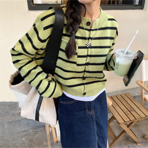 2024 new autumn and winter womens striped sweater Japanese age-reducing short coat lazy style knitted long-sleeved round neck cardigan