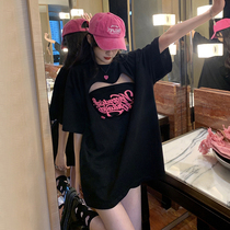 Fat sister large size love hollow short-sleeved T-shirt skirt for women summer 2024 new loose hot girl two-piece suit