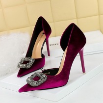 1363-K83 Banquet High Heel Stiletto Heel Thick Suede Pointed Toe Side Hollow Metal Rhinestone Buckle Super High Heel Single Shoe