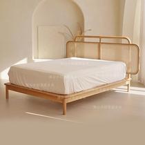 1 5m double rattan bed rattan bed solid wood Nordic Japanese style ash wood bed modern minimalist bedroom wabi-sabi style