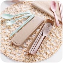 Japanese creative wheat straw portable cutlery box three-piece set student cute sub-box long-handled spoon fork chopsticks