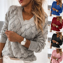 New European and American winter sweaters knitted feather hollow V-neck long-sleeved sweaters for women factory direct sales