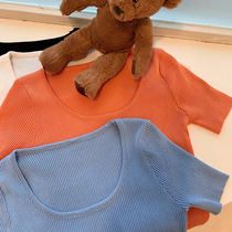 2023 summer new square neck ice silk sweater womens slim short-sleeved bottoming shirt top solid color square neck T-shirt ins