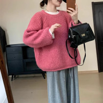 High-end lazy style curled thick wool sweater 2024 autumn and winter new style womens loose and slim Korean style round neck top pin