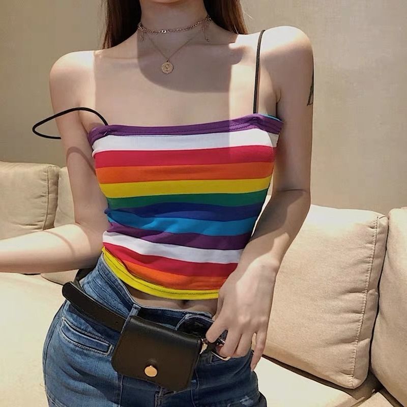 Colorful Camisole Summer Rainbow New Korean Style Color-Blocking Hyuna Style Striped Short Slim-Fit Tank Top for Girls