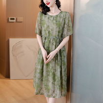 Wide wife round neck short-sleeved Tencel dress for women 2024 new summer mother waist slimming lantern sleeve skirt