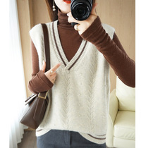 Wool blended 2024 spring new style womens loose v-neck color-blocked raindrop short sleeveless knitted vest