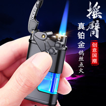 Creative Retro Rocker Windproof Lighter Metal Inflatable Straight Blue Flame Perspective Window Flashing Color Changing Manufacturer
