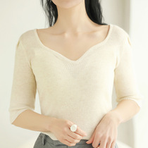 2023 summer new style Korean style ins trendy square collar collarbone temperament inner pit stripe T-shirt top short-sleeved sweater for women